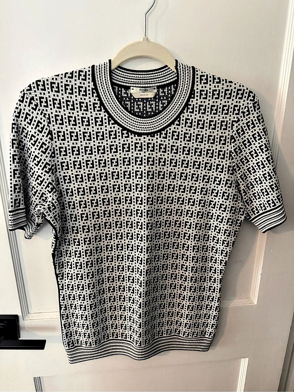 Authentic Fendi FF Monogram Short Sleeve Knit Pullover Geometric Short Sleeve Sw